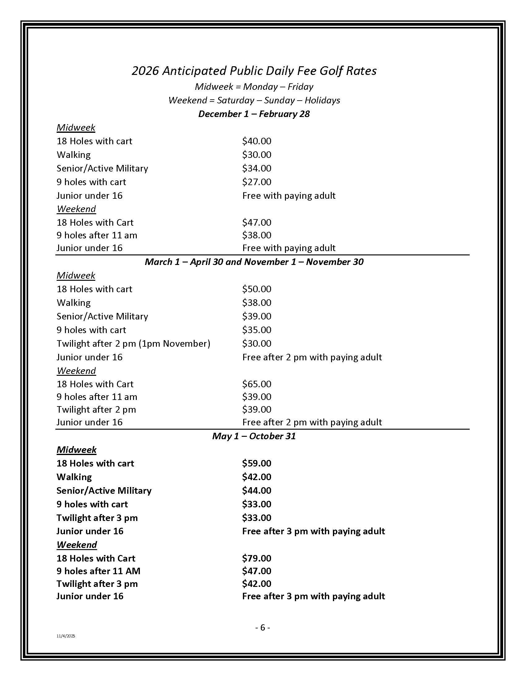 2026 Harkers Hollow Membership and rates  Information
