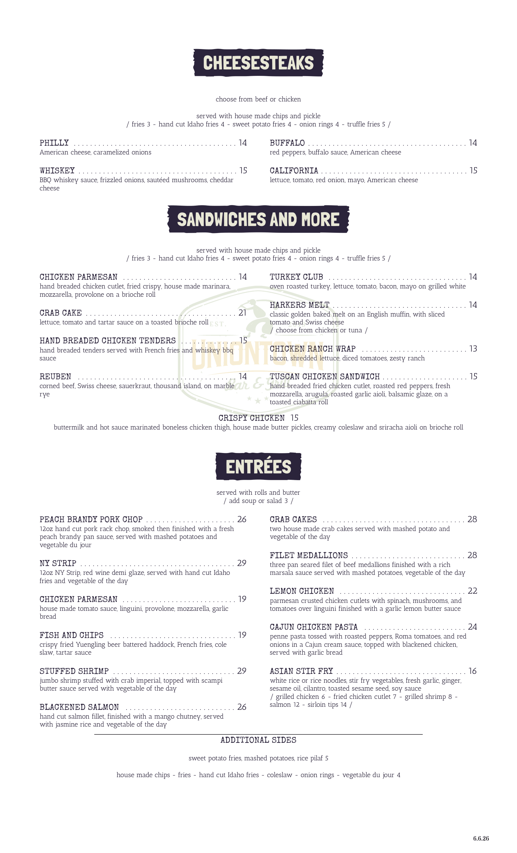 Bar and Grill menu